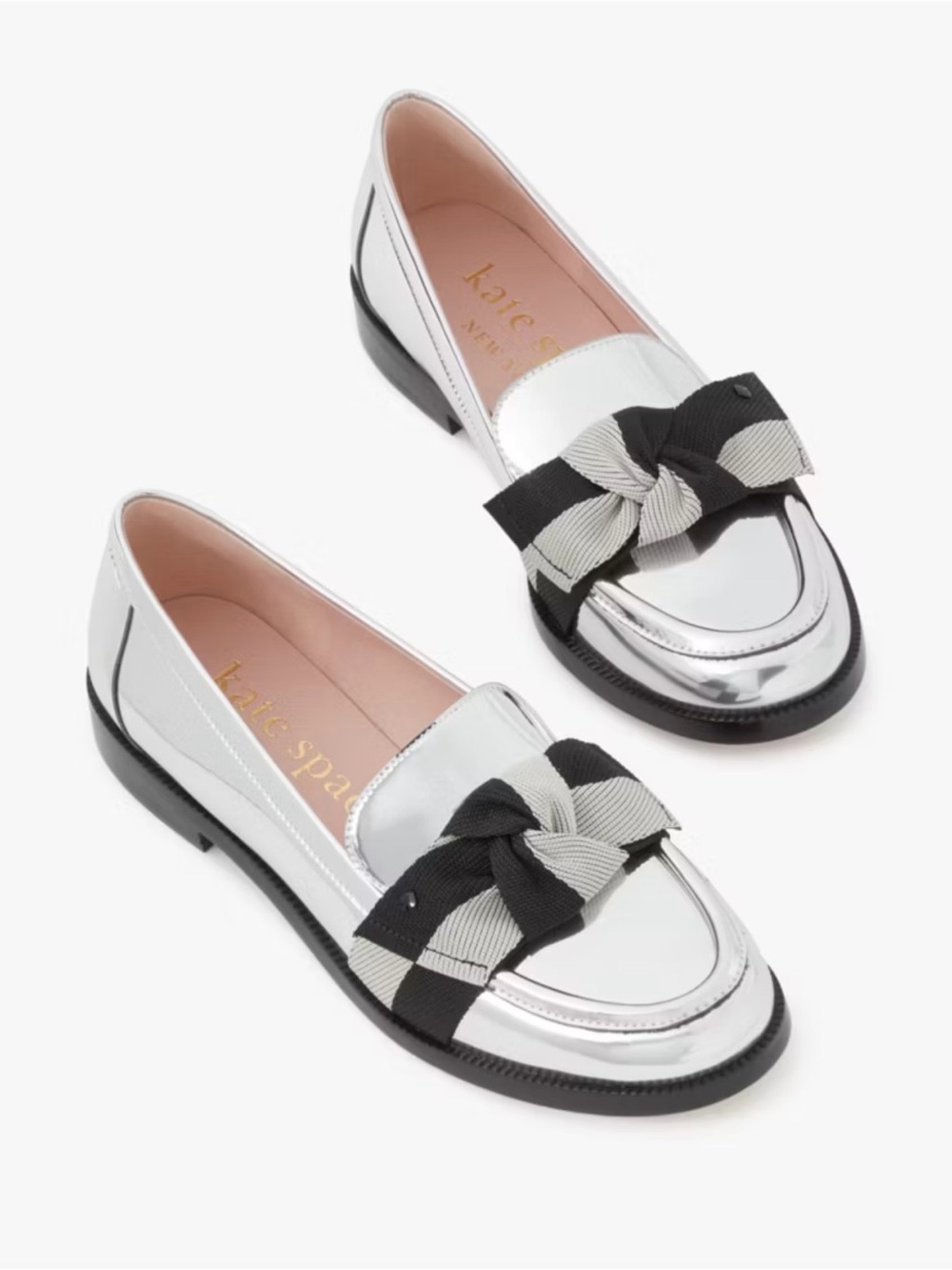 kate spade Silver Metallic Loafers with Black & Cream Bow